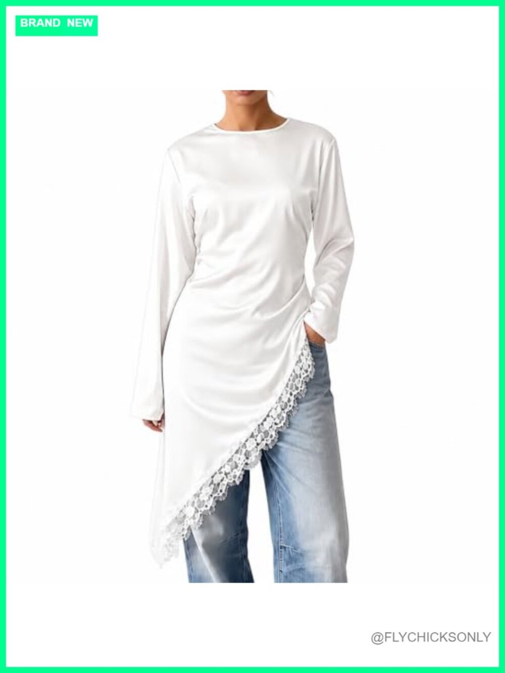 Satin Tunic Top Lace Trim Asymmetrical Hem Long Sleeve Back Tie Waist Blouse